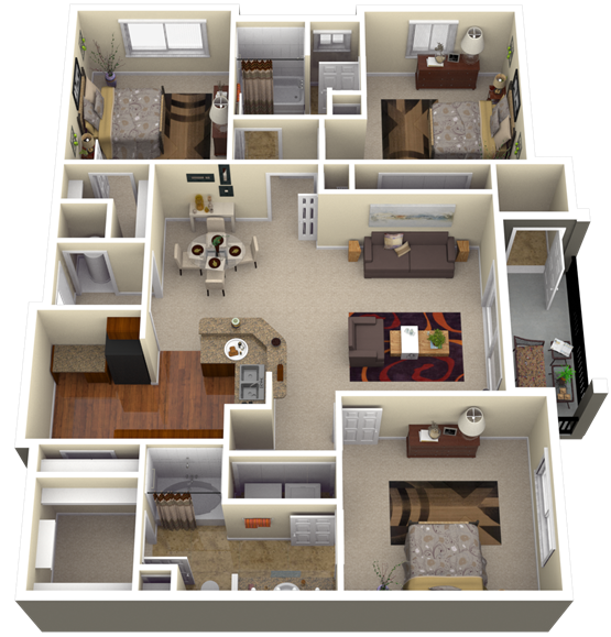Floor plan for 3 beds, 2 baths, 1270 sqft
